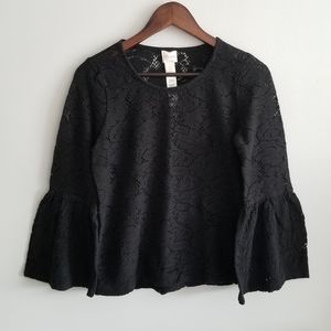 Chico's Crochet Lace Sweater Bell Sleeve Top Black
